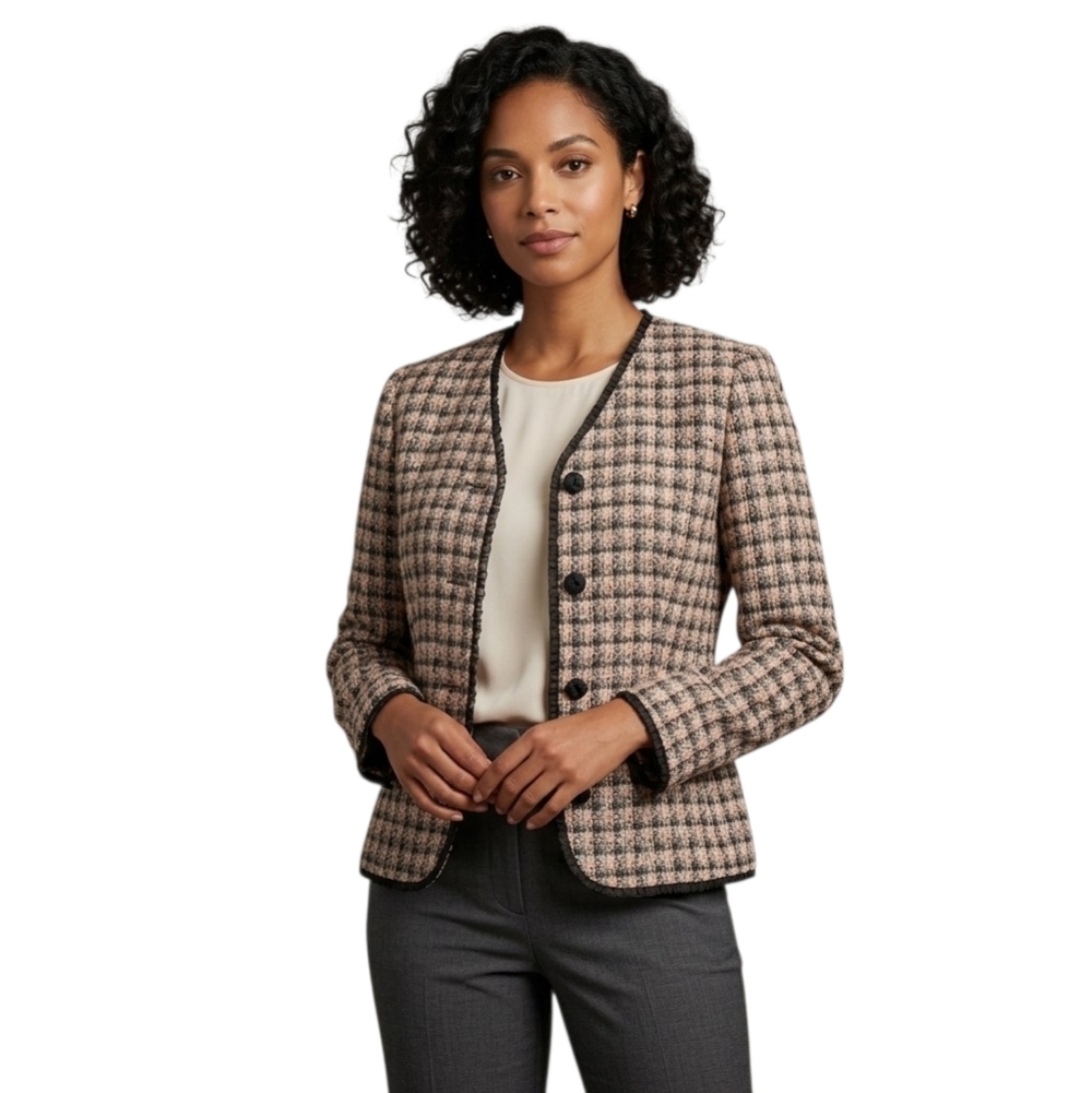 Vintage Tweed Blazer Koret Checkered Preppy Pink Dark Academia Quiet Luxury